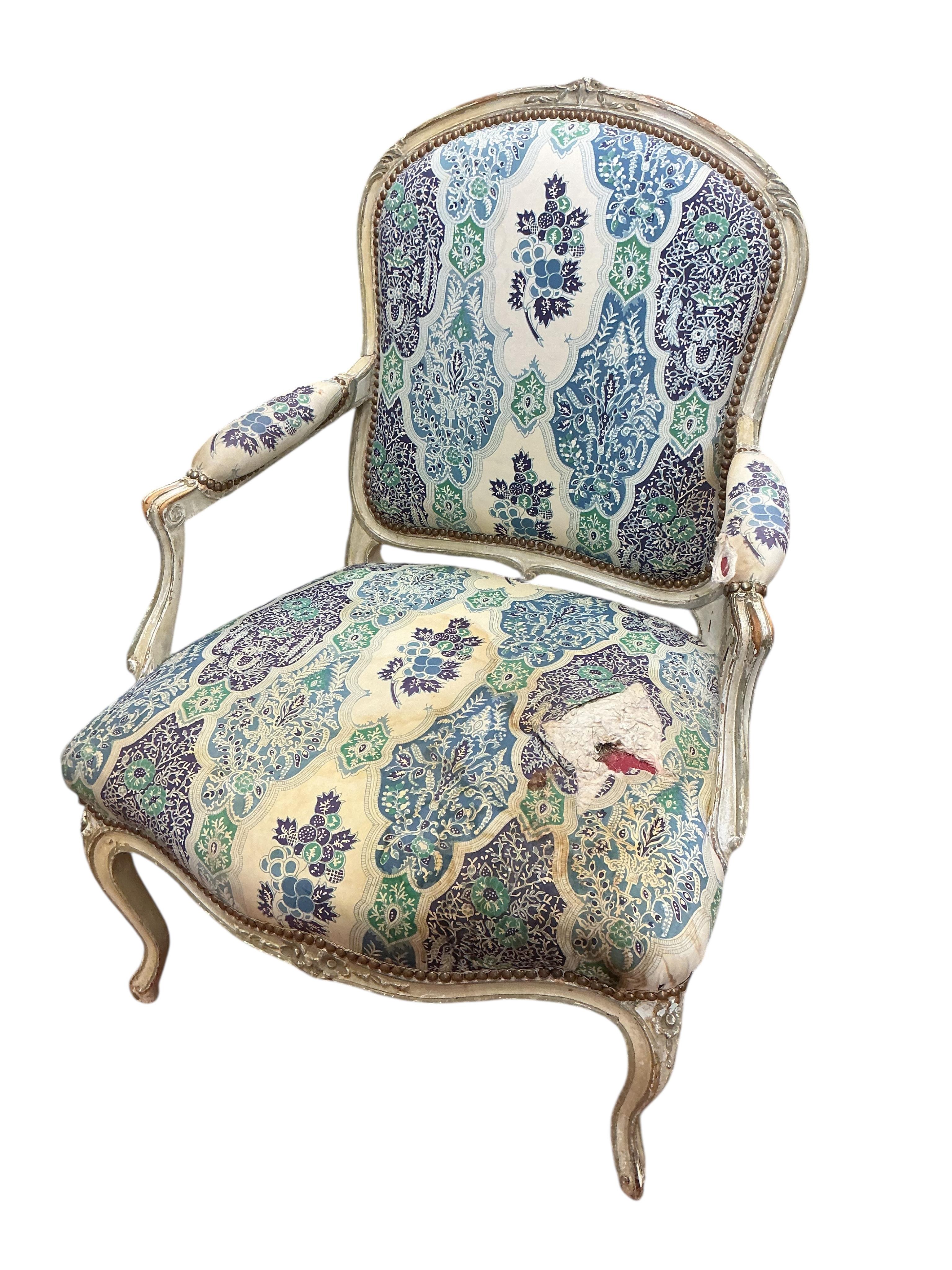 A pair of French elbow chairs, width 63cm, depth 58cm, height 94cm